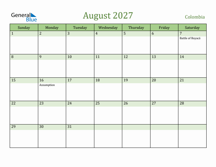 August 2027 Calendar with Colombia Holidays