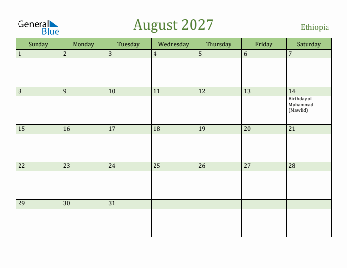 August 2027 Calendar with Ethiopia Holidays