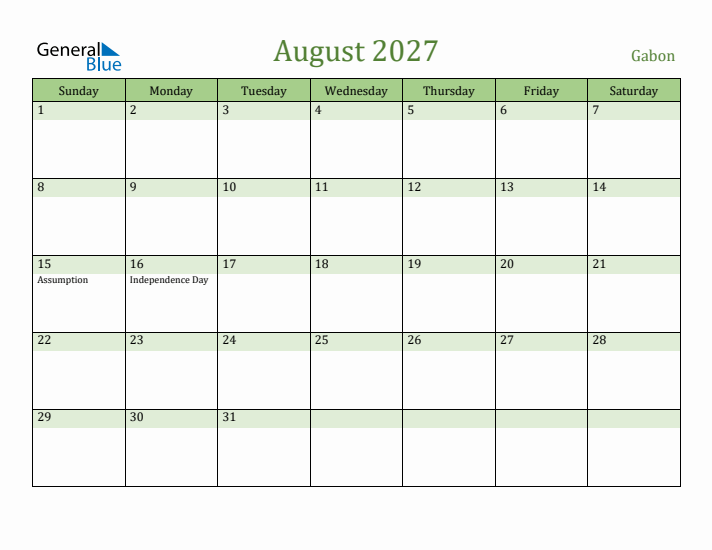 August 2027 Calendar with Gabon Holidays