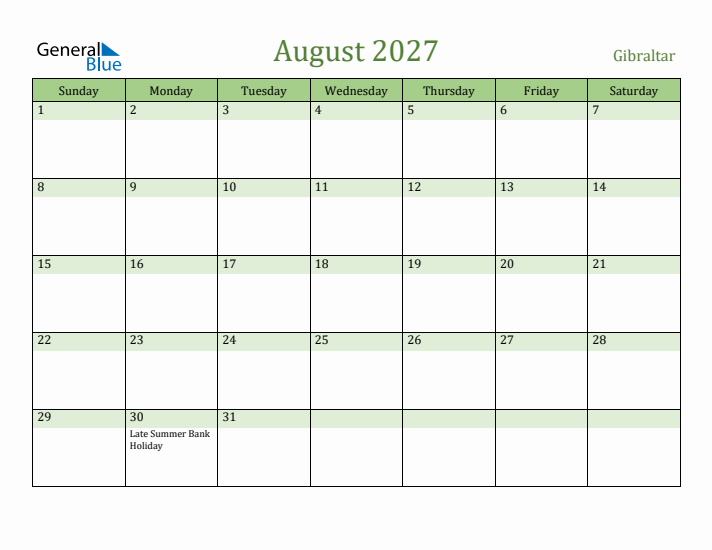 August 2027 Calendar with Gibraltar Holidays