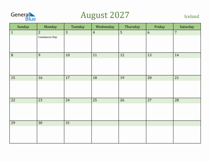 August 2027 Calendar with Iceland Holidays