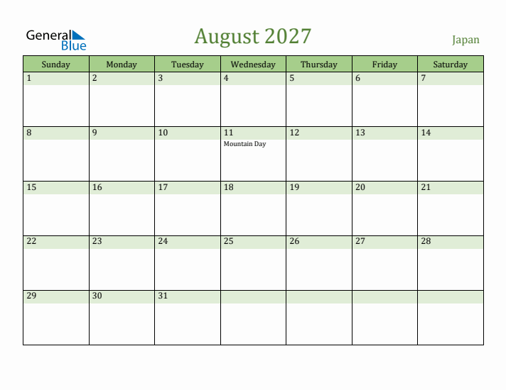 August 2027 Calendar with Japan Holidays