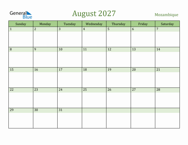 August 2027 Calendar with Mozambique Holidays