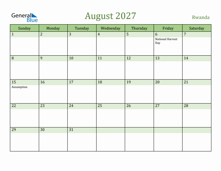 August 2027 Calendar with Rwanda Holidays