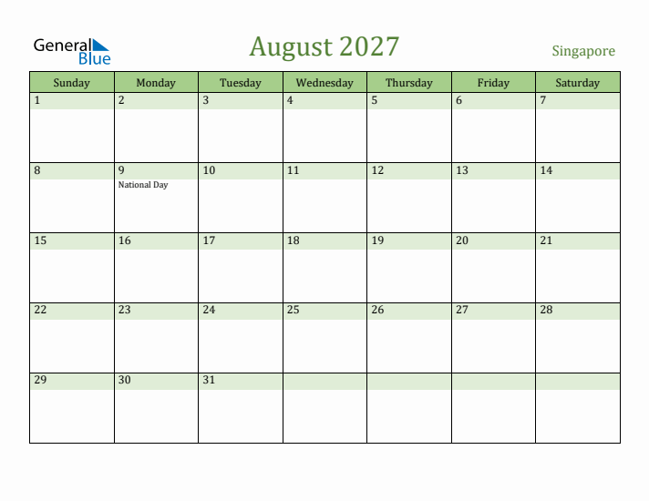 August 2027 Calendar with Singapore Holidays