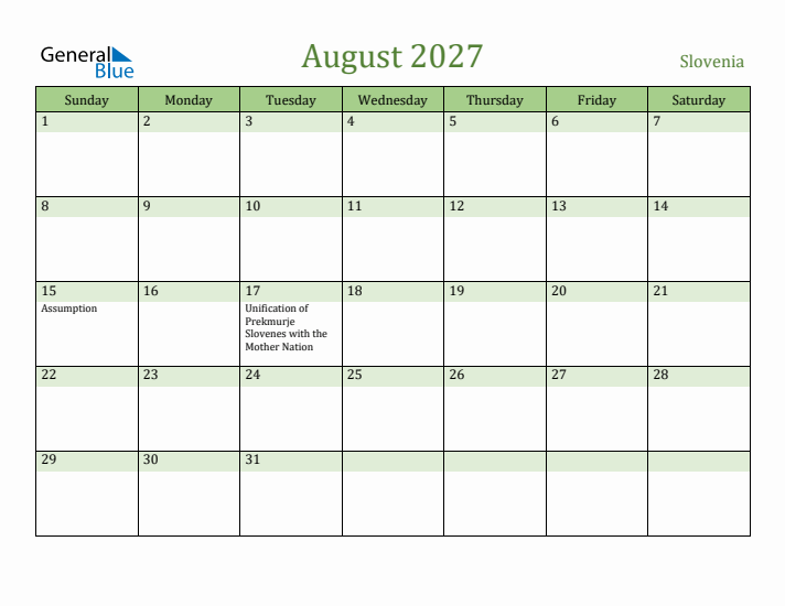 August 2027 Calendar with Slovenia Holidays
