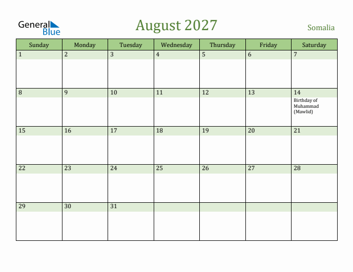 August 2027 Calendar with Somalia Holidays