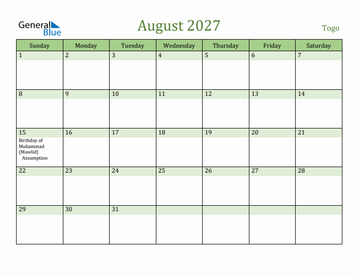 August 2027 Calendar with Togo Holidays