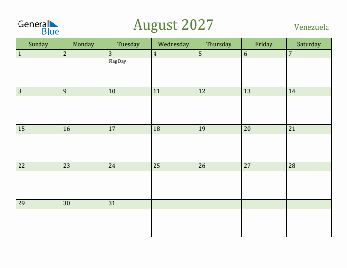 August 2027 Calendar with Venezuela Holidays