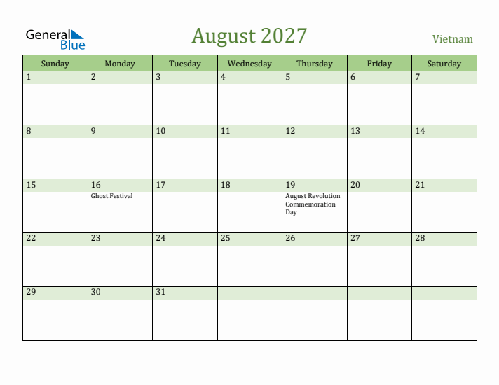 August 2027 Calendar with Vietnam Holidays