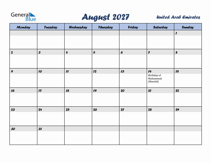 August 2027 Calendar with Holidays in United Arab Emirates