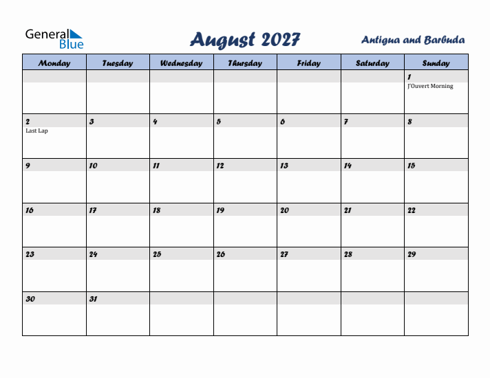 August 2027 Calendar with Holidays in Antigua and Barbuda