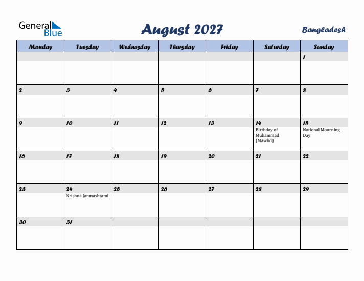 August 2027 Calendar with Holidays in Bangladesh