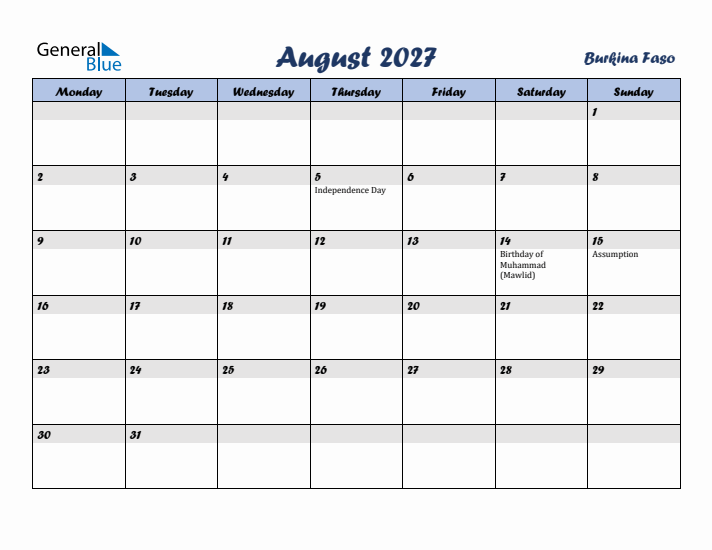 August 2027 Calendar with Holidays in Burkina Faso