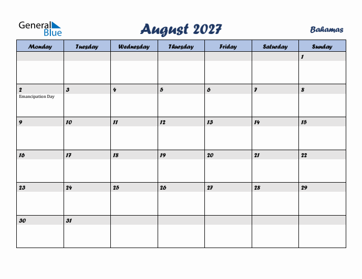 August 2027 Calendar with Holidays in Bahamas