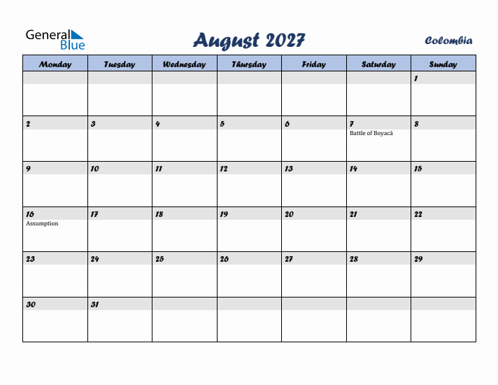 August 2027 Calendar with Holidays in Colombia