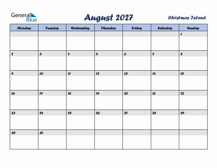 August 2027 Calendar with Holidays in Christmas Island