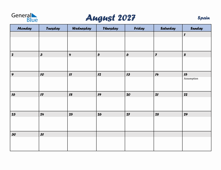 August 2027 Calendar with Holidays in Spain