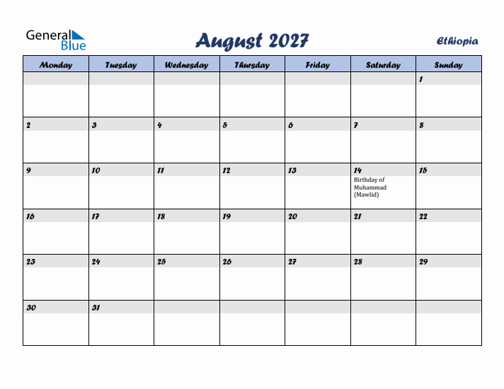 August 2027 Calendar with Holidays in Ethiopia