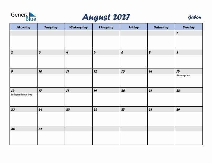 August 2027 Calendar with Holidays in Gabon