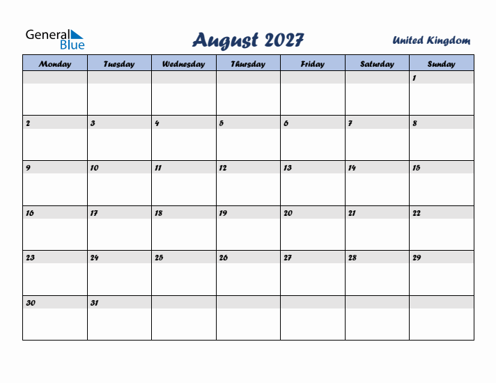 August 2027 Calendar with Holidays in United Kingdom