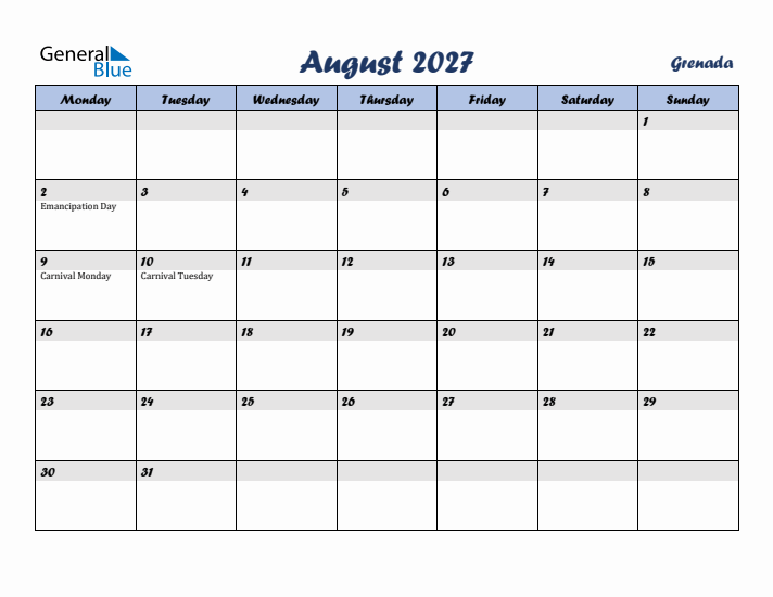 August 2027 Calendar with Holidays in Grenada