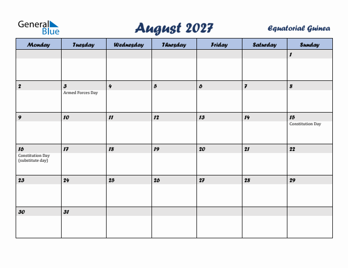 August 2027 Calendar with Holidays in Equatorial Guinea