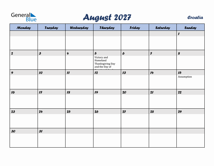 August 2027 Calendar with Holidays in Croatia