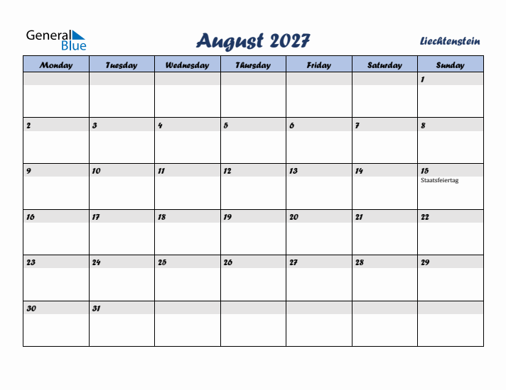 August 2027 Calendar with Holidays in Liechtenstein