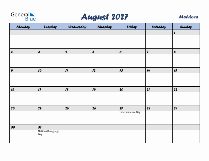 August 2027 Calendar with Holidays in Moldova