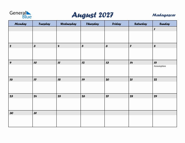 August 2027 Calendar with Holidays in Madagascar