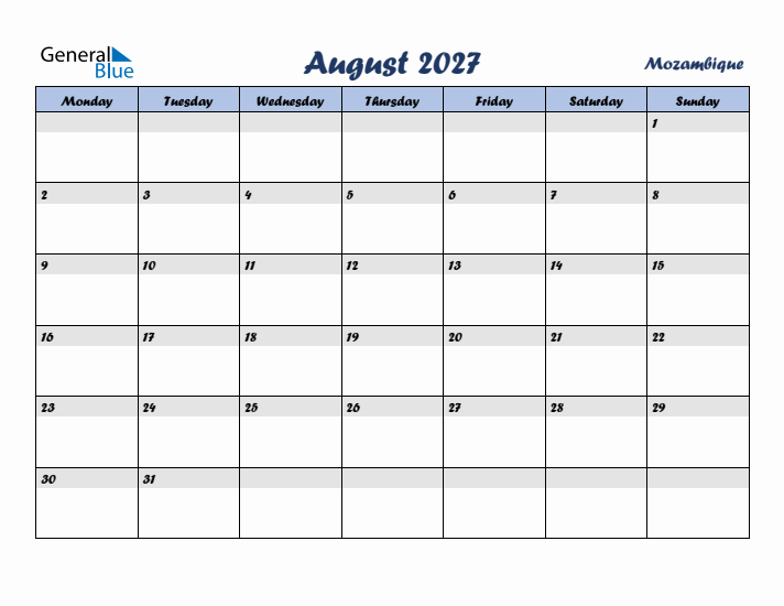 August 2027 Calendar with Holidays in Mozambique