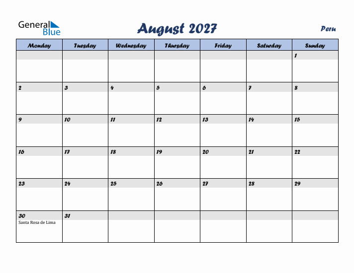August 2027 Calendar with Holidays in Peru