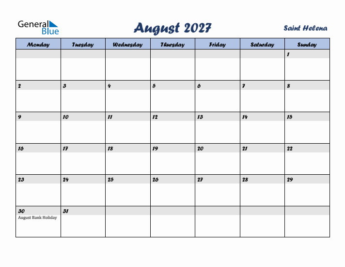 August 2027 Calendar with Holidays in Saint Helena