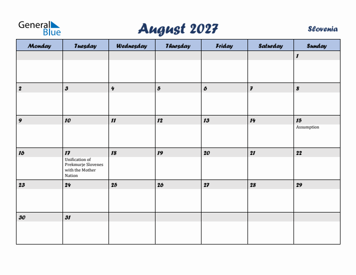August 2027 Calendar with Holidays in Slovenia