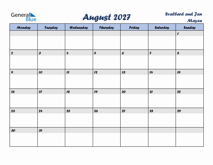 August 2027 Calendar with Holidays in Svalbard and Jan Mayen