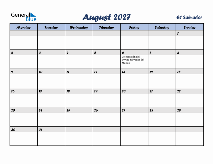 August 2027 Calendar with Holidays in El Salvador