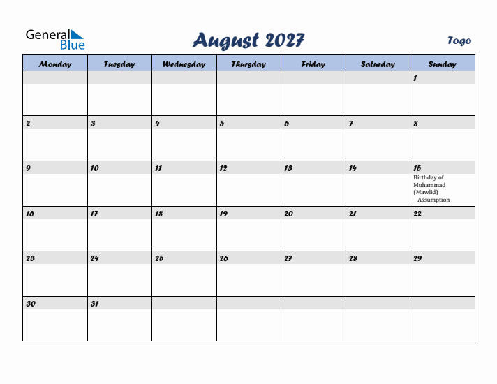 August 2027 Calendar with Holidays in Togo
