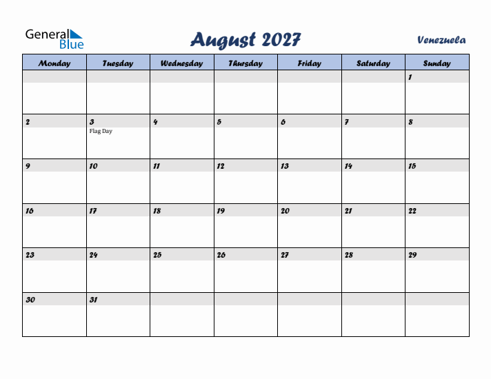 August 2027 Calendar with Holidays in Venezuela