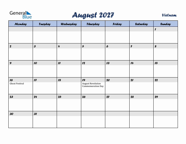 August 2027 Calendar with Holidays in Vietnam