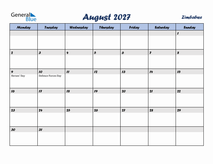 August 2027 Calendar with Holidays in Zimbabwe