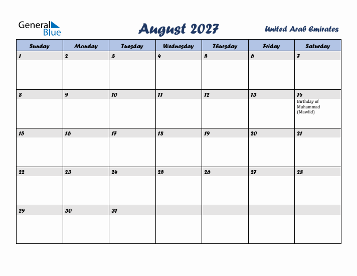 August 2027 Calendar with Holidays in United Arab Emirates