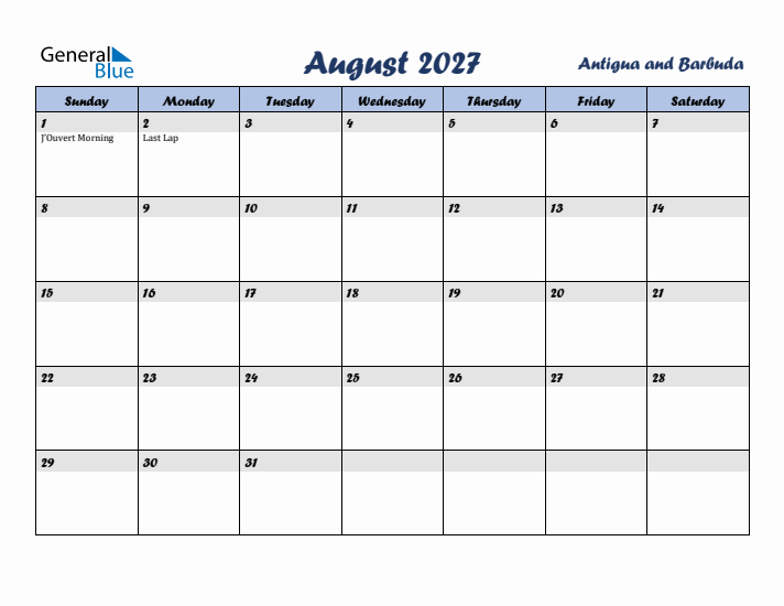 August 2027 Calendar with Holidays in Antigua and Barbuda