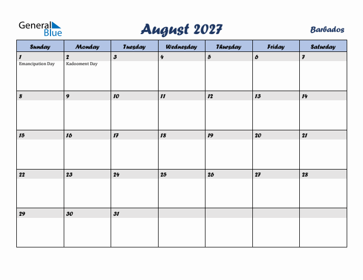 August 2027 Calendar with Holidays in Barbados