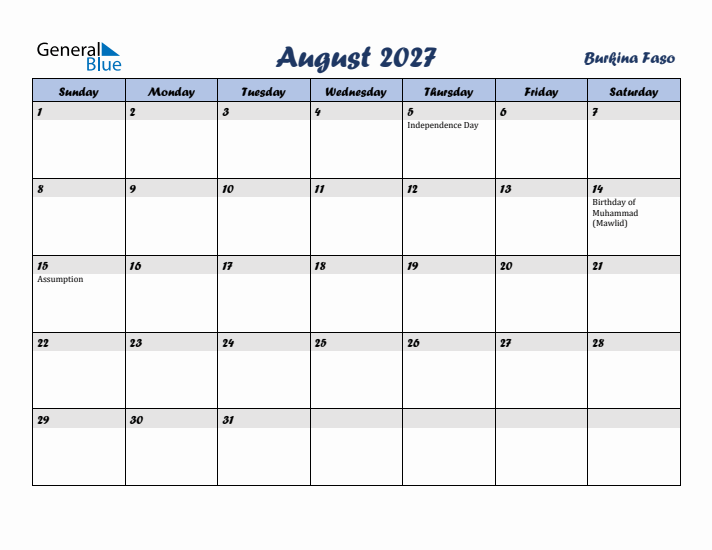 August 2027 Calendar with Holidays in Burkina Faso