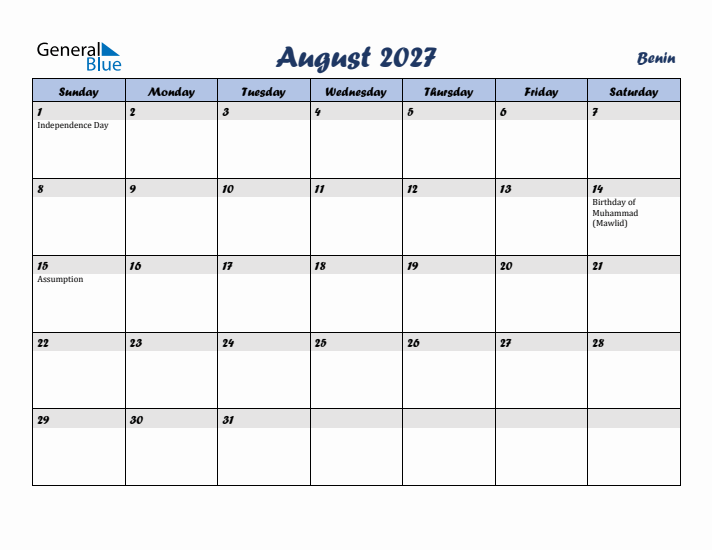 August 2027 Calendar with Holidays in Benin