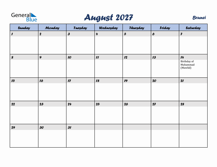 August 2027 Calendar with Holidays in Brunei