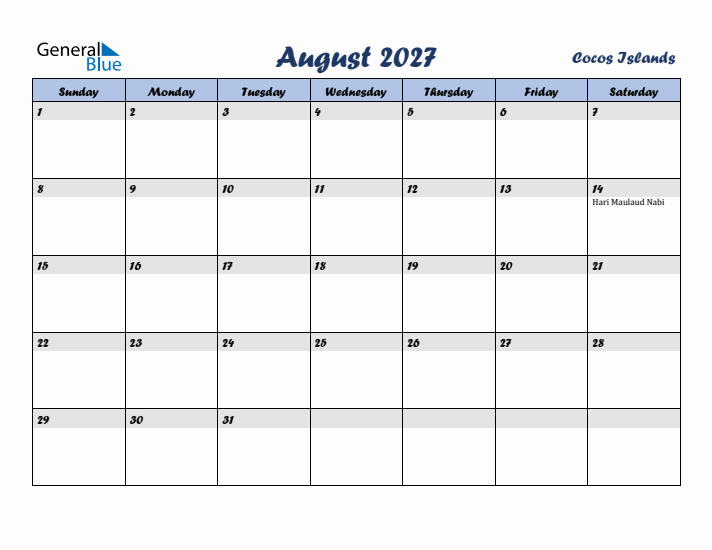 August 2027 Calendar with Holidays in Cocos Islands
