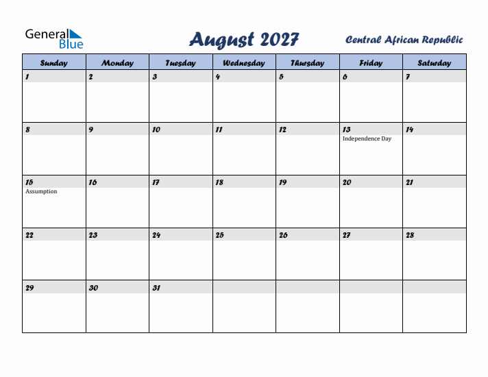 August 2027 Calendar with Holidays in Central African Republic