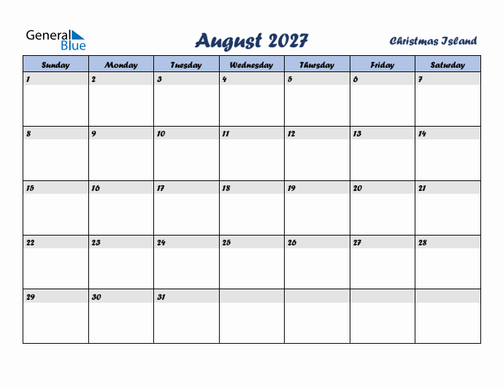 August 2027 Calendar with Holidays in Christmas Island